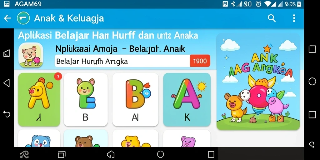 Tampilan antarmuka AGAM69 untuk belajar huruf dan angka.