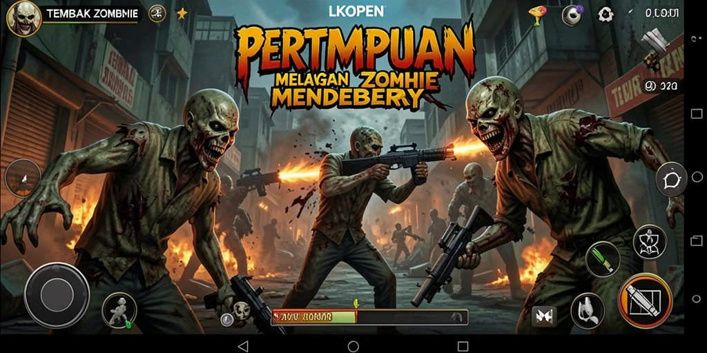 Screenshot LKOPEN menampilkan pertempuran seru melawan zombie di perkotaan.